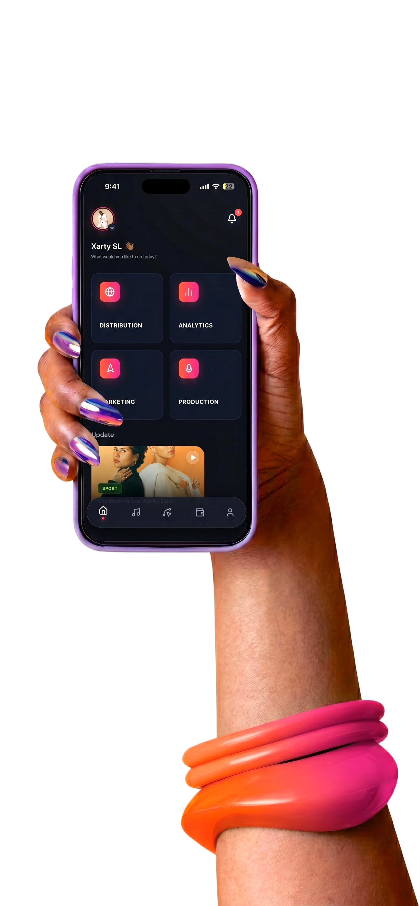 Hand holding a phone showing the BoomKit app with royalty earnings.